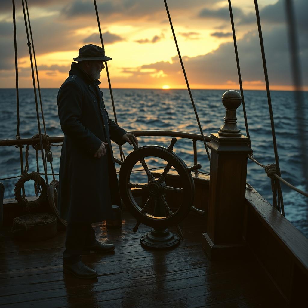 Léon Maro à la barre, au coucher du soleil